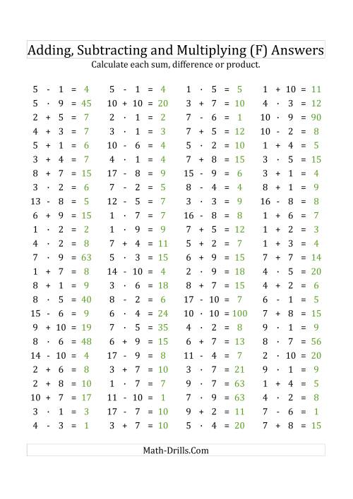 The 100 Horizontal Addition/Subtraction/Multiplication Questions (Facts 1 to 10) Euro Format (F) Math Worksheet Page 2