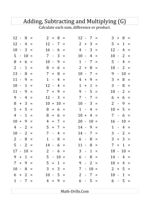 The 100 Horizontal Addition/Subtraction/Multiplication Questions (Facts 1 to 10) Euro Format (G) Math Worksheet