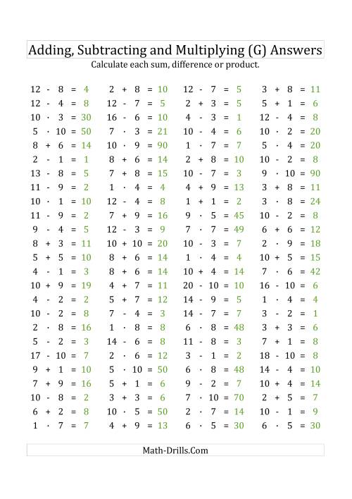 The 100 Horizontal Addition/Subtraction/Multiplication Questions (Facts 1 to 10) Euro Format (G) Math Worksheet Page 2