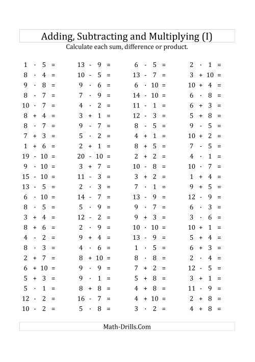 The 100 Horizontal Addition/Subtraction/Multiplication Questions (Facts 1 to 10) Euro Format (I) Math Worksheet