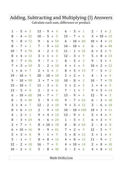The 100 Horizontal Addition/Subtraction/Multiplication Questions (Facts 1 to 10) Euro Format (I) Math Worksheet Page 2