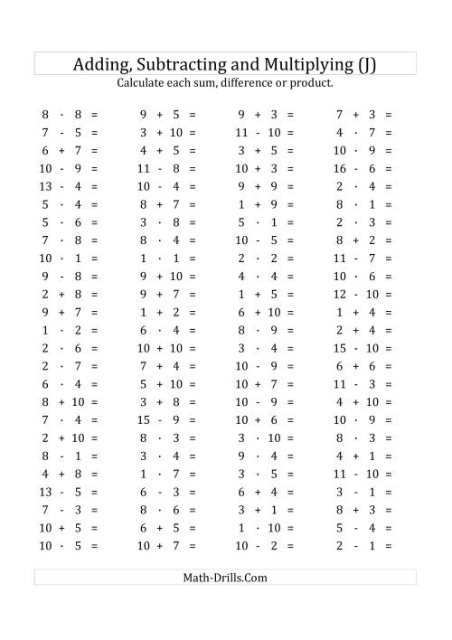 The 100 Horizontal Addition/Subtraction/Multiplication Questions (Facts 1 to 10) Euro Format (J) Math Worksheet