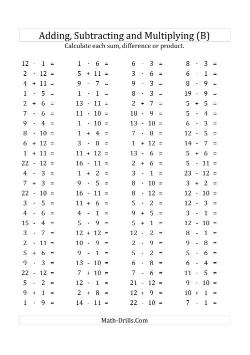 The 100 Horizontal Addition/Subtraction/Multiplication Questions (Facts 1 to 12) Euro Format (B) Math Worksheet