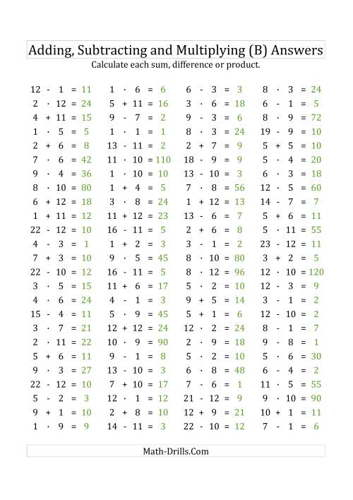 The 100 Horizontal Addition/Subtraction/Multiplication Questions (Facts 1 to 12) Euro Format (B) Math Worksheet Page 2