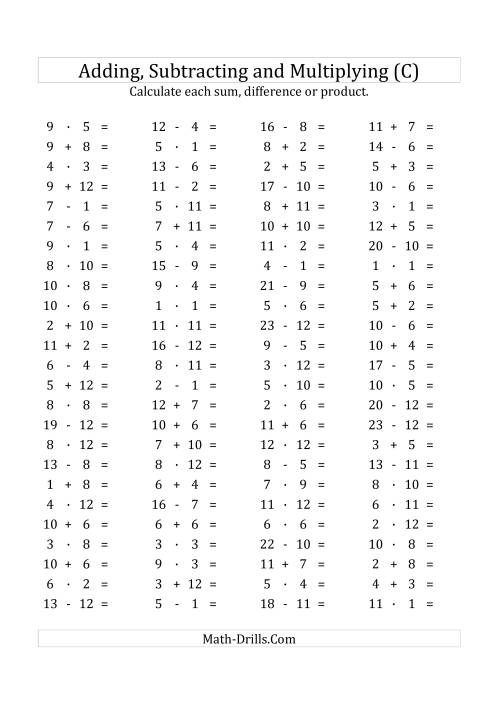 The 100 Horizontal Addition/Subtraction/Multiplication Questions (Facts 1 to 12) Euro Format (C) Math Worksheet