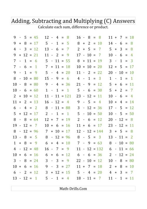 The 100 Horizontal Addition/Subtraction/Multiplication Questions (Facts 1 to 12) Euro Format (C) Math Worksheet Page 2