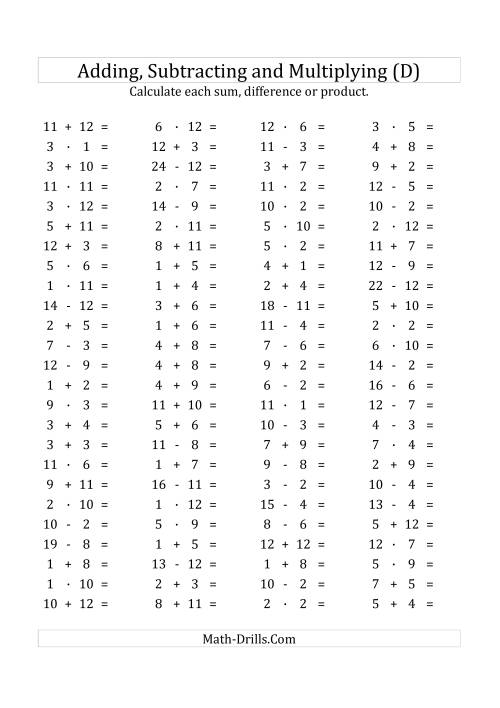 The 100 Horizontal Addition/Subtraction/Multiplication Questions (Facts 1 to 12) Euro Format (D) Math Worksheet