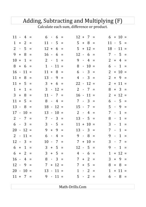 The 100 Horizontal Addition/Subtraction/Multiplication Questions (Facts 1 to 12) Euro Format (F) Math Worksheet