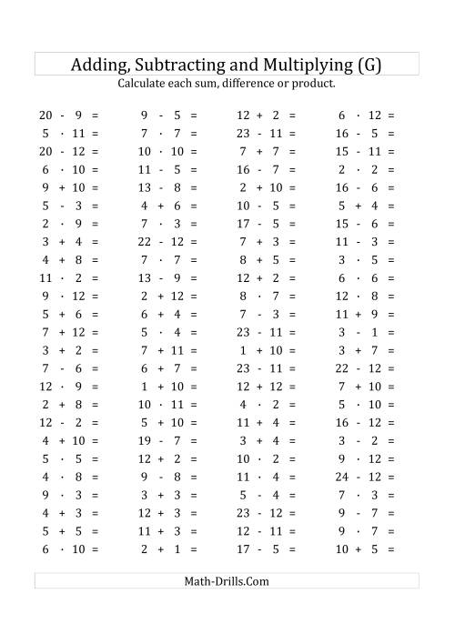 The 100 Horizontal Addition/Subtraction/Multiplication Questions (Facts 1 to 12) Euro Format (G) Math Worksheet