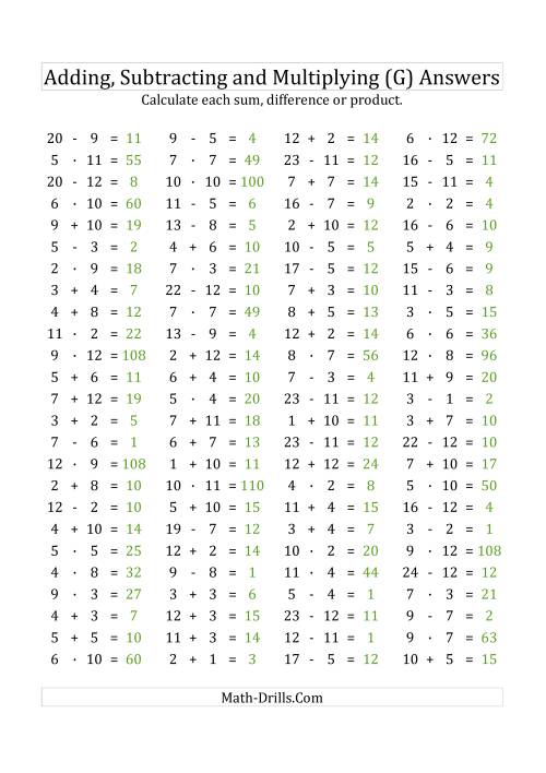 The 100 Horizontal Addition/Subtraction/Multiplication Questions (Facts 1 to 12) Euro Format (G) Math Worksheet Page 2