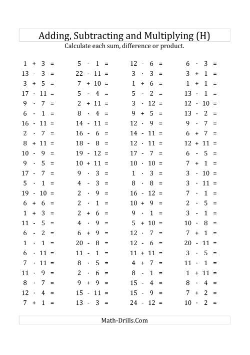 The 100 Horizontal Addition/Subtraction/Multiplication Questions (Facts 1 to 12) Euro Format (H) Math Worksheet