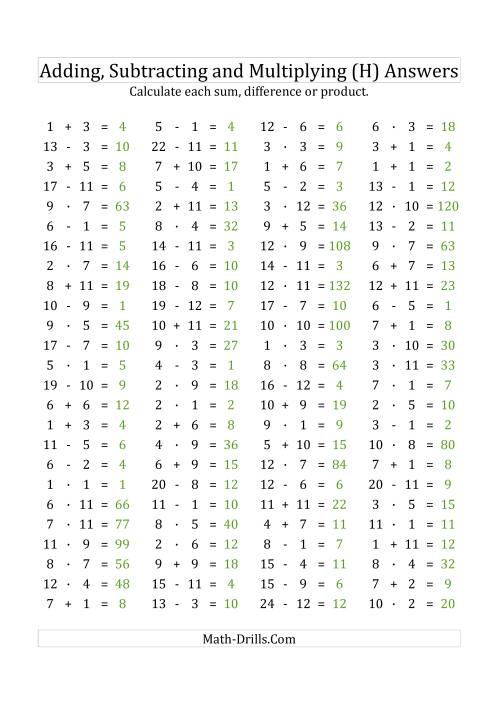 The 100 Horizontal Addition/Subtraction/Multiplication Questions (Facts 1 to 12) Euro Format (H) Math Worksheet Page 2