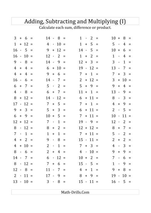 The 100 Horizontal Addition/Subtraction/Multiplication Questions (Facts 1 to 12) Euro Format (I) Math Worksheet