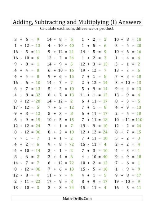 The 100 Horizontal Addition/Subtraction/Multiplication Questions (Facts 1 to 12) Euro Format (I) Math Worksheet Page 2