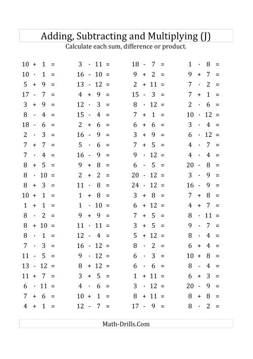 The 100 Horizontal Addition/Subtraction/Multiplication Questions (Facts 1 to 12) Euro Format (J) Math Worksheet
