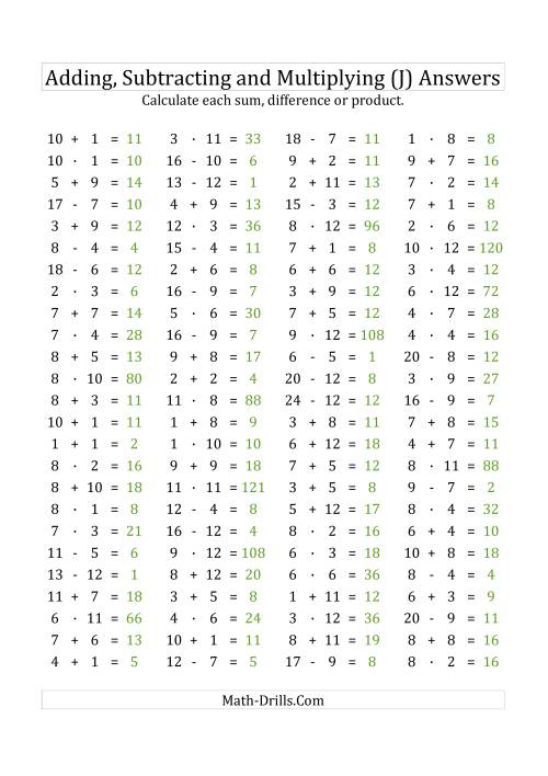 The 100 Horizontal Addition/Subtraction/Multiplication Questions (Facts 1 to 12) Euro Format (J) Math Worksheet Page 2