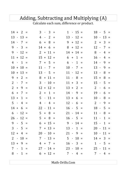 The 100 Horizontal Addition/Subtraction/Multiplication Questions (Facts 1 to 15) Euro Format (A) Math Worksheet