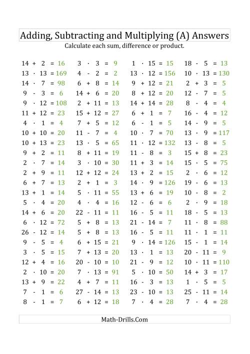 The 100 Horizontal Addition/Subtraction/Multiplication Questions (Facts 1 to 15) Euro Format (A) Math Worksheet Page 2