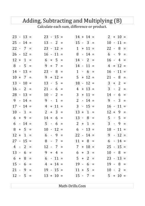 The 100 Horizontal Addition/Subtraction/Multiplication Questions (Facts 1 to 15) Euro Format (B) Math Worksheet