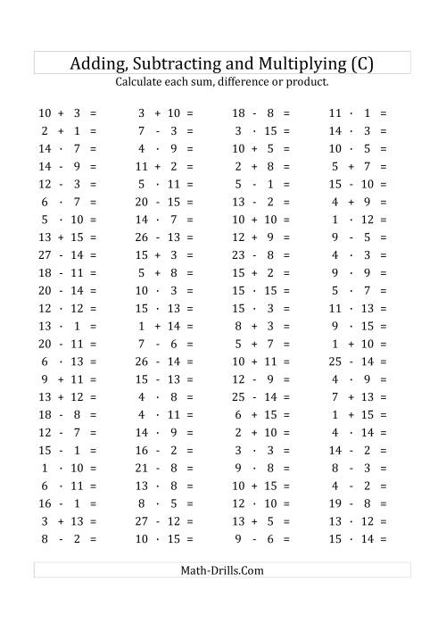 The 100 Horizontal Addition/Subtraction/Multiplication Questions (Facts 1 to 15) Euro Format (C) Math Worksheet