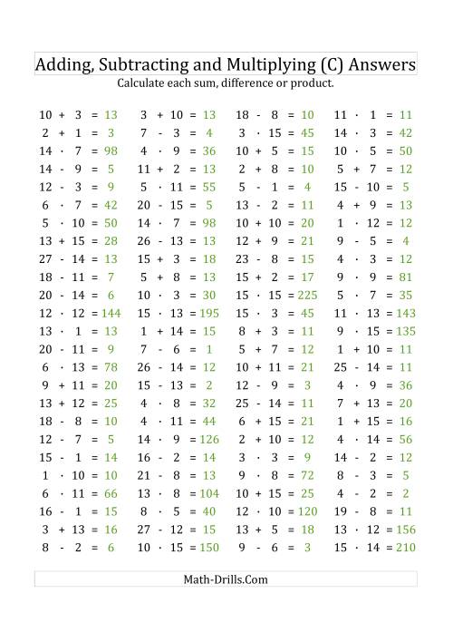 The 100 Horizontal Addition/Subtraction/Multiplication Questions (Facts 1 to 15) Euro Format (C) Math Worksheet Page 2