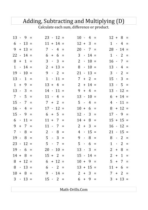 The 100 Horizontal Addition/Subtraction/Multiplication Questions (Facts 1 to 15) Euro Format (D) Math Worksheet