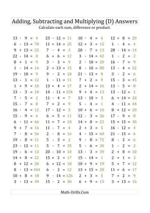 The 100 Horizontal Addition/Subtraction/Multiplication Questions (Facts 1 to 15) Euro Format (D) Math Worksheet Page 2