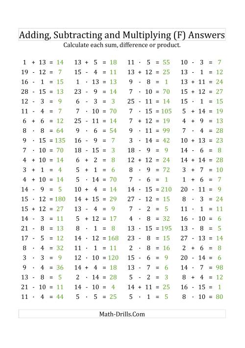The 100 Horizontal Addition/Subtraction/Multiplication Questions (Facts 1 to 15) Euro Format (F) Math Worksheet Page 2