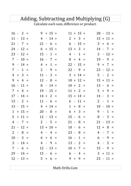 The 100 Horizontal Addition/Subtraction/Multiplication Questions (Facts 1 to 15) Euro Format (G) Math Worksheet