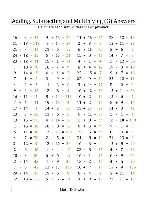 The 100 Horizontal Addition/Subtraction/Multiplication Questions (Facts 1 to 15) Euro Format (G) Math Worksheet Page 2
