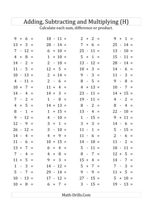 The 100 Horizontal Addition/Subtraction/Multiplication Questions (Facts 1 to 15) Euro Format (H) Math Worksheet
