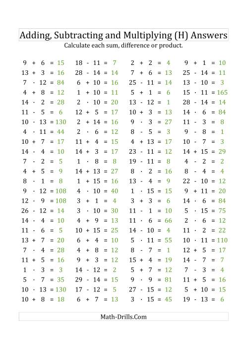 The 100 Horizontal Addition/Subtraction/Multiplication Questions (Facts 1 to 15) Euro Format (H) Math Worksheet Page 2