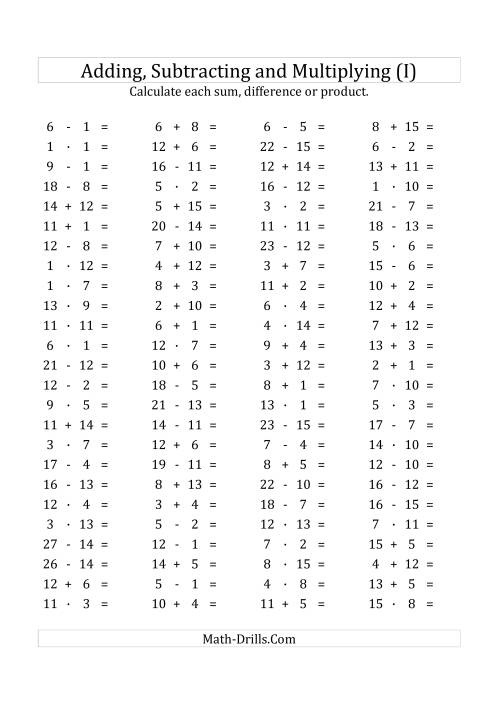 The 100 Horizontal Addition/Subtraction/Multiplication Questions (Facts 1 to 15) Euro Format (I) Math Worksheet
