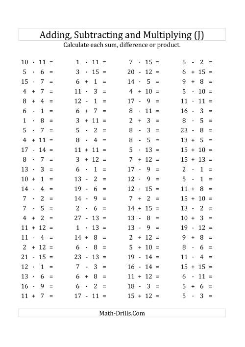 The 100 Horizontal Addition/Subtraction/Multiplication Questions (Facts 1 to 15) Euro Format (J) Math Worksheet