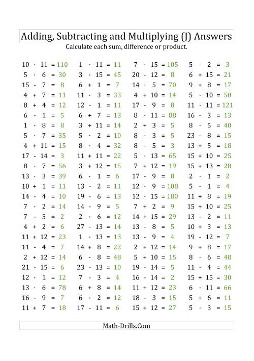 The 100 Horizontal Addition/Subtraction/Multiplication Questions (Facts 1 to 15) Euro Format (J) Math Worksheet Page 2