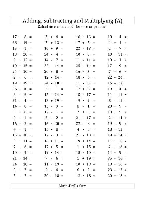 The 100 Horizontal Addition/Subtraction/Multiplication Questions (Facts 1 to 20) Euro Format (A) Math Worksheet
