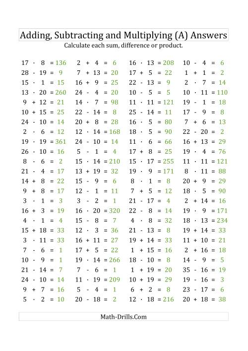 The 100 Horizontal Addition/Subtraction/Multiplication Questions (Facts 1 to 20) Euro Format (A) Math Worksheet Page 2