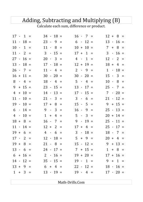 The 100 Horizontal Addition/Subtraction/Multiplication Questions (Facts 1 to 20) Euro Format (B) Math Worksheet