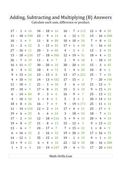 The 100 Horizontal Addition/Subtraction/Multiplication Questions (Facts 1 to 20) Euro Format (B) Math Worksheet Page 2