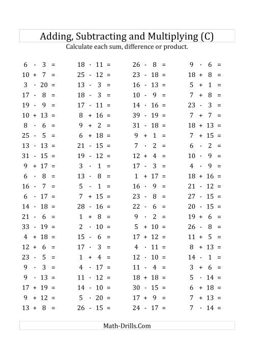 The 100 Horizontal Addition/Subtraction/Multiplication Questions (Facts 1 to 20) Euro Format (C) Math Worksheet