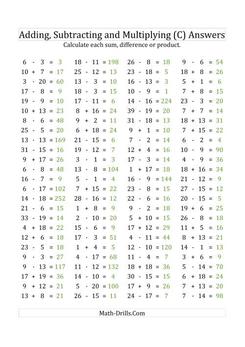 The 100 Horizontal Addition/Subtraction/Multiplication Questions (Facts 1 to 20) Euro Format (C) Math Worksheet Page 2