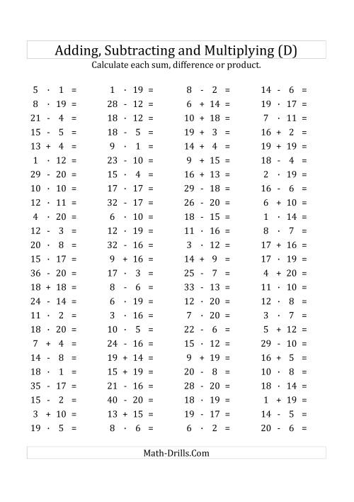 The 100 Horizontal Addition/Subtraction/Multiplication Questions (Facts 1 to 20) Euro Format (D) Math Worksheet