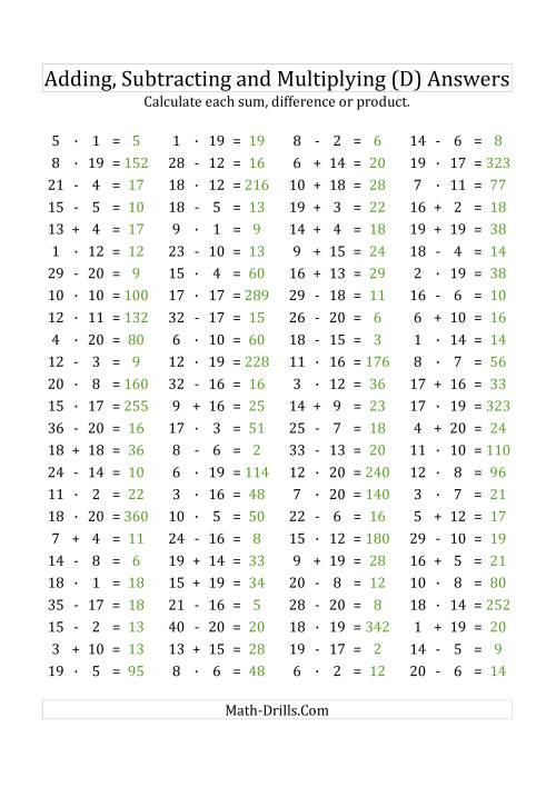 The 100 Horizontal Addition/Subtraction/Multiplication Questions (Facts 1 to 20) Euro Format (D) Math Worksheet Page 2
