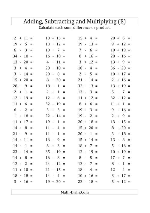 The 100 Horizontal Addition/Subtraction/Multiplication Questions (Facts 1 to 20) Euro Format (E) Math Worksheet