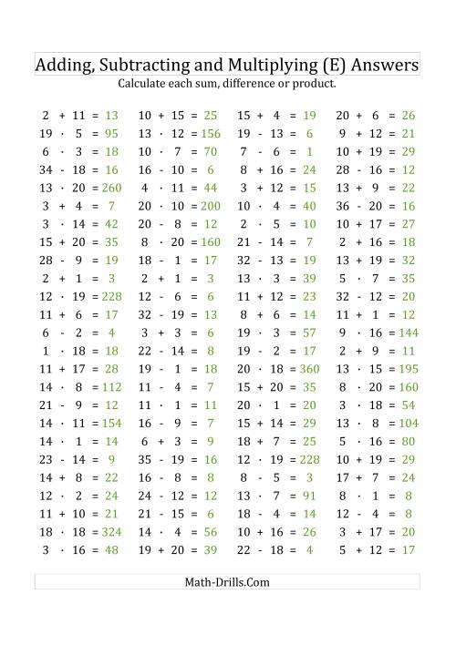The 100 Horizontal Addition/Subtraction/Multiplication Questions (Facts 1 to 20) Euro Format (E) Math Worksheet Page 2