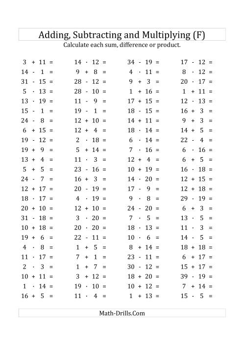 The 100 Horizontal Addition/Subtraction/Multiplication Questions (Facts 1 to 20) Euro Format (F) Math Worksheet