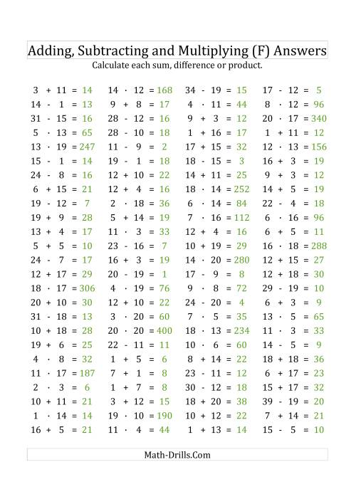 The 100 Horizontal Addition/Subtraction/Multiplication Questions (Facts 1 to 20) Euro Format (F) Math Worksheet Page 2