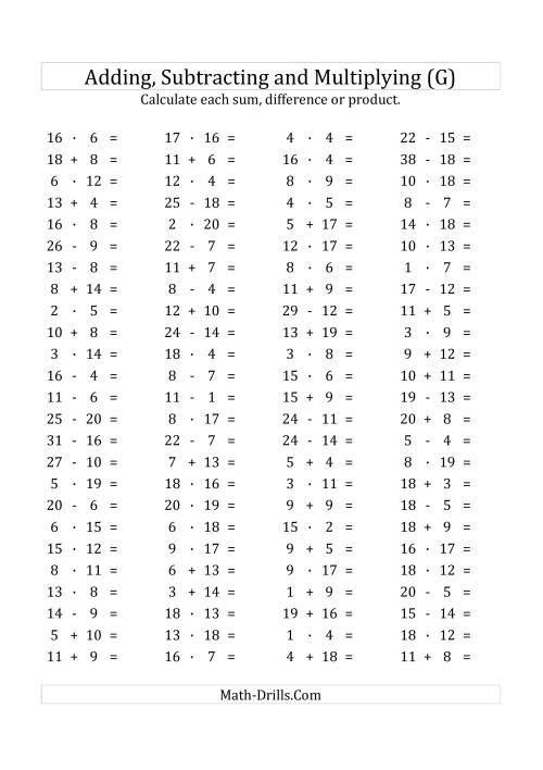 The 100 Horizontal Addition/Subtraction/Multiplication Questions (Facts 1 to 20) Euro Format (G) Math Worksheet