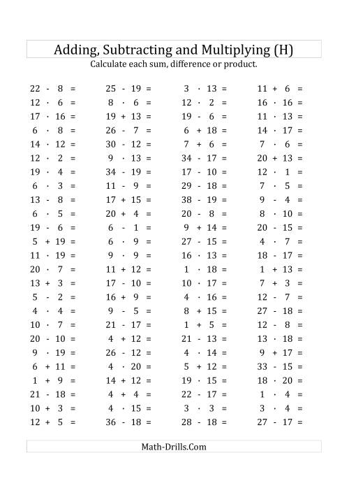 The 100 Horizontal Addition/Subtraction/Multiplication Questions (Facts 1 to 20) Euro Format (H) Math Worksheet