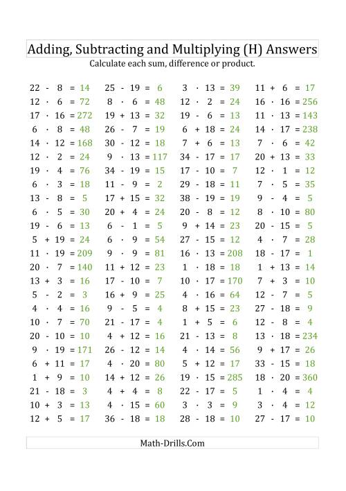 The 100 Horizontal Addition/Subtraction/Multiplication Questions (Facts 1 to 20) Euro Format (H) Math Worksheet Page 2